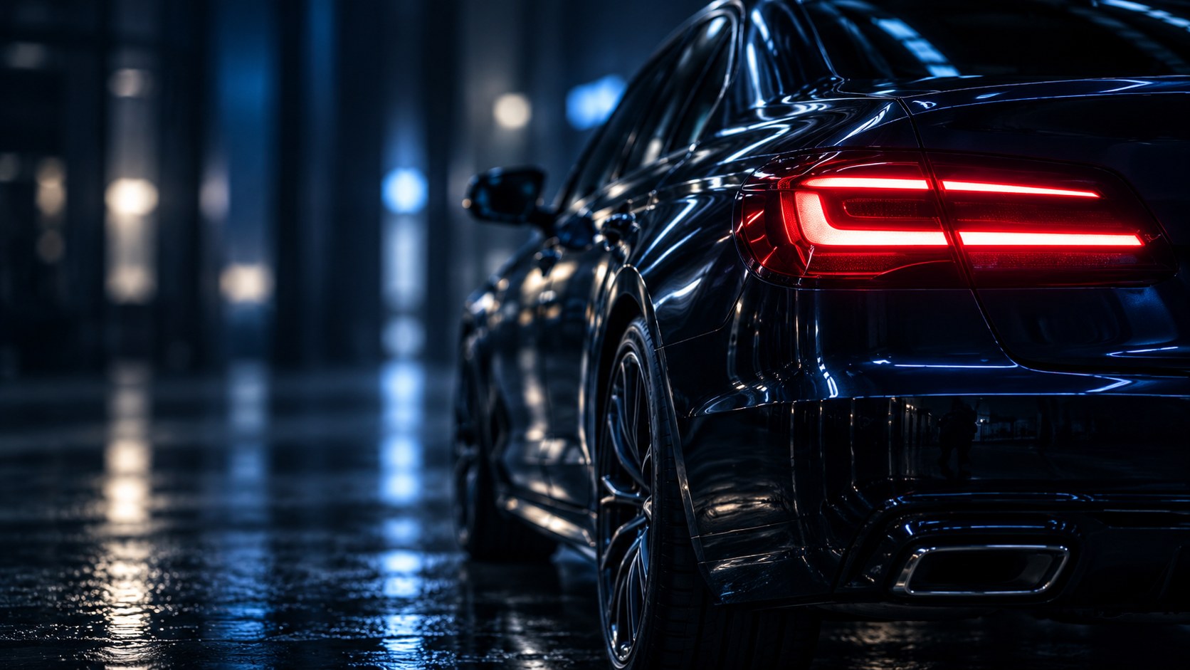 Detalhe da traseira iluminada de um automóvel num ambiente de oficina